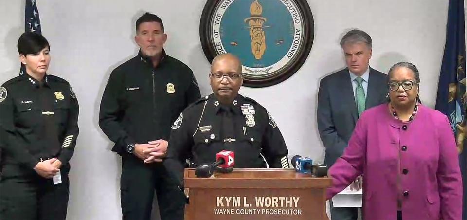 In this frame capture from a press conference, Detroit Police Chief James White speaks after Wayne County Prosecutor Kym L. Worthy announces charges in the killing of Samantha Woll, Detroit synagogue leader.