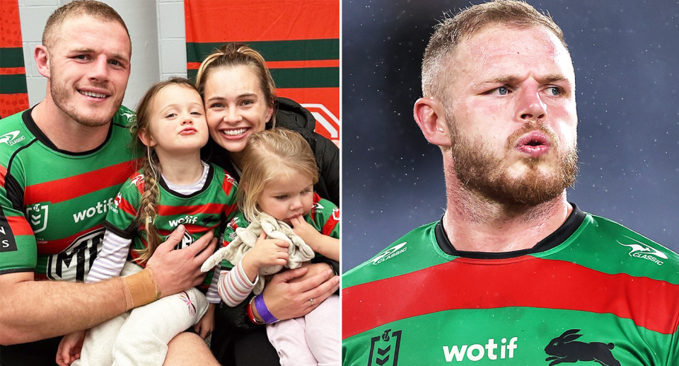 Pictured left is Souths prop Tom Burgess with his wife and two daughters.