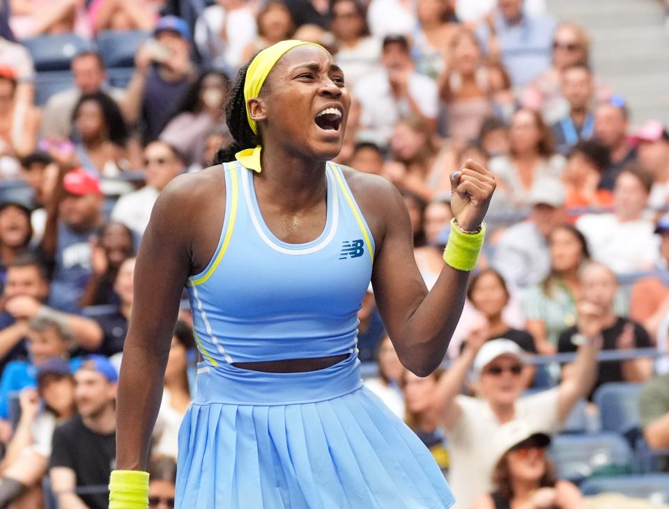 Sep 1, 2024; Flushing, NY, USA;
Coco Gauff (USA) aftrer a 3rd set game winner againstto Emma Navarro (USA) on day seven of the 2024 U.S. Open tennis tournament at USTA Billie Jean King National Tennis Center. Mandatory Credit: Robert Deutsch-USA TODAY Sports