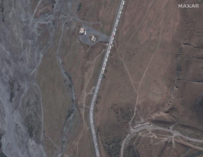 A traffic jam near Russia's border with Georgia on Sept. 25, 2022.