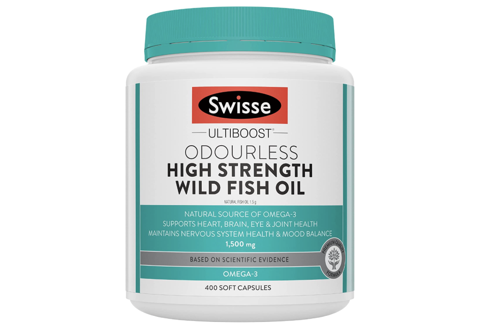 A product image of Swisse Ultiboost Odourless High Strength Wild Fish Oil bottle.