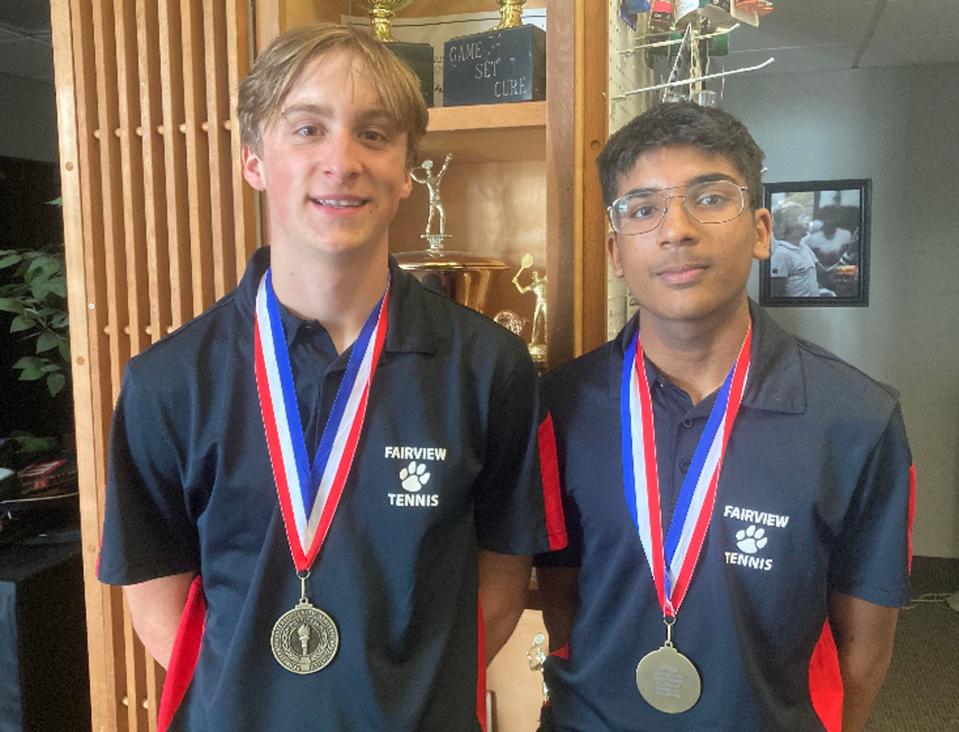 Fairview's Nate Kisiel, left, and Aravind Turaga won the District 10 Class 2A boys tennis doubles title on Wednesday, May 11, 2022, at Westwood Racquet Club.