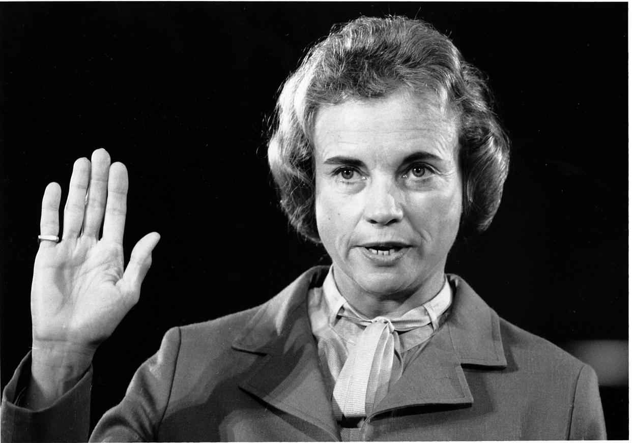 Supreme Court nominee Sandra Day O'Connor raises her right hand to be sworn in before the Senate Judiciary Committee on Capitol Hill in Washington, D.C. on Sept. 9, 1981.