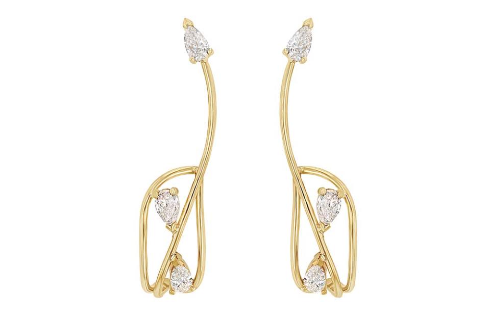 Crafted in 14-karat gold and highlighting pear-shaped diamonds, the Double Helix earring is made to order and can be bought as a single or as a pair; $2,776 for the pair, at gracelee.com