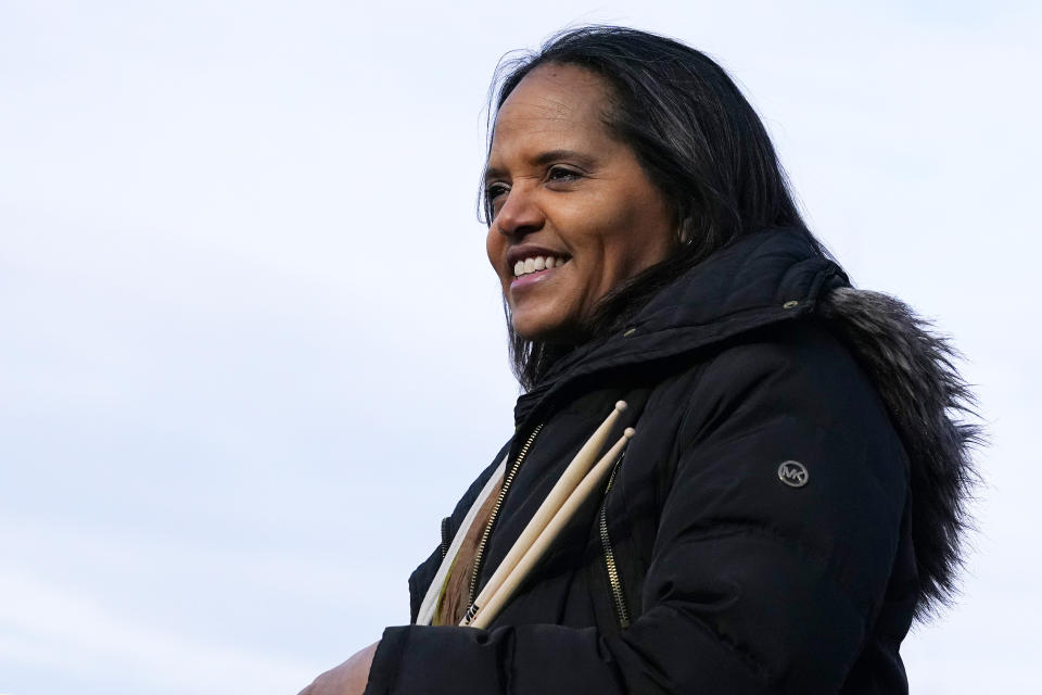 Terri Lyne Carrington poses for a portrait session, Tuesday, Jan. 19, 2021, in Woburn, Mass. The three-time Grammy winner is nominated for best instrumental jazz album – an award she won in 2014 and is the only woman to do so in the show’s 63-year history. (AP Photo/Charles Krupa)