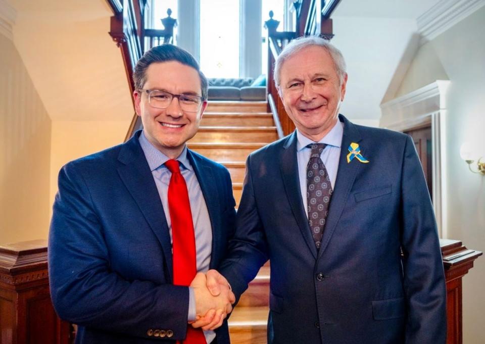 Poilievre's visit to New Brunswick comes at a time when Premier Blaine Higgs' support is lagging provincially.