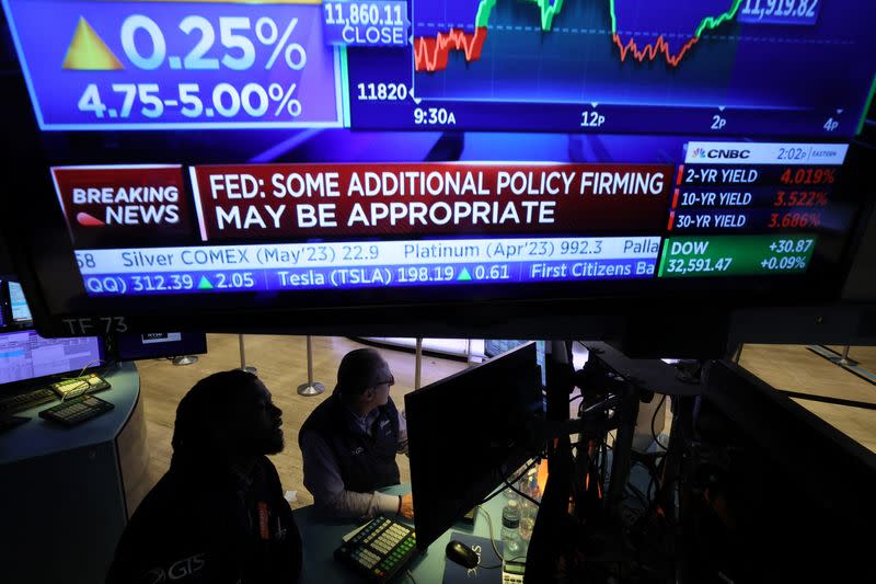 Traders react to Fed rate announcement on the floor of the NYSE in New York