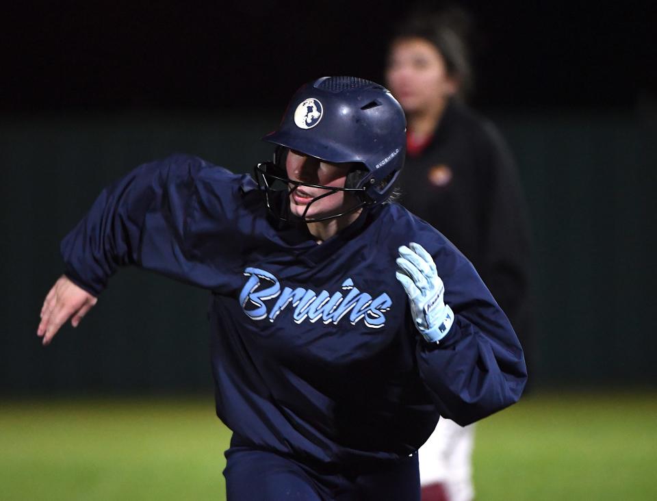 Bartlesville High School's Maddie Czaja (7) sprints to third base during slowpitch softball action earlier in the season.