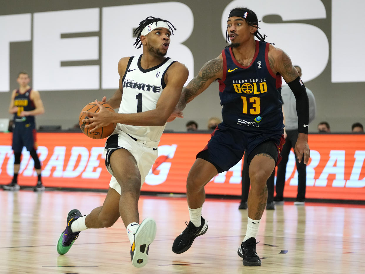 G League Ignite guard Jaden Hardy looks to shoot against Grand Rapids Gold forward Manny Camper.