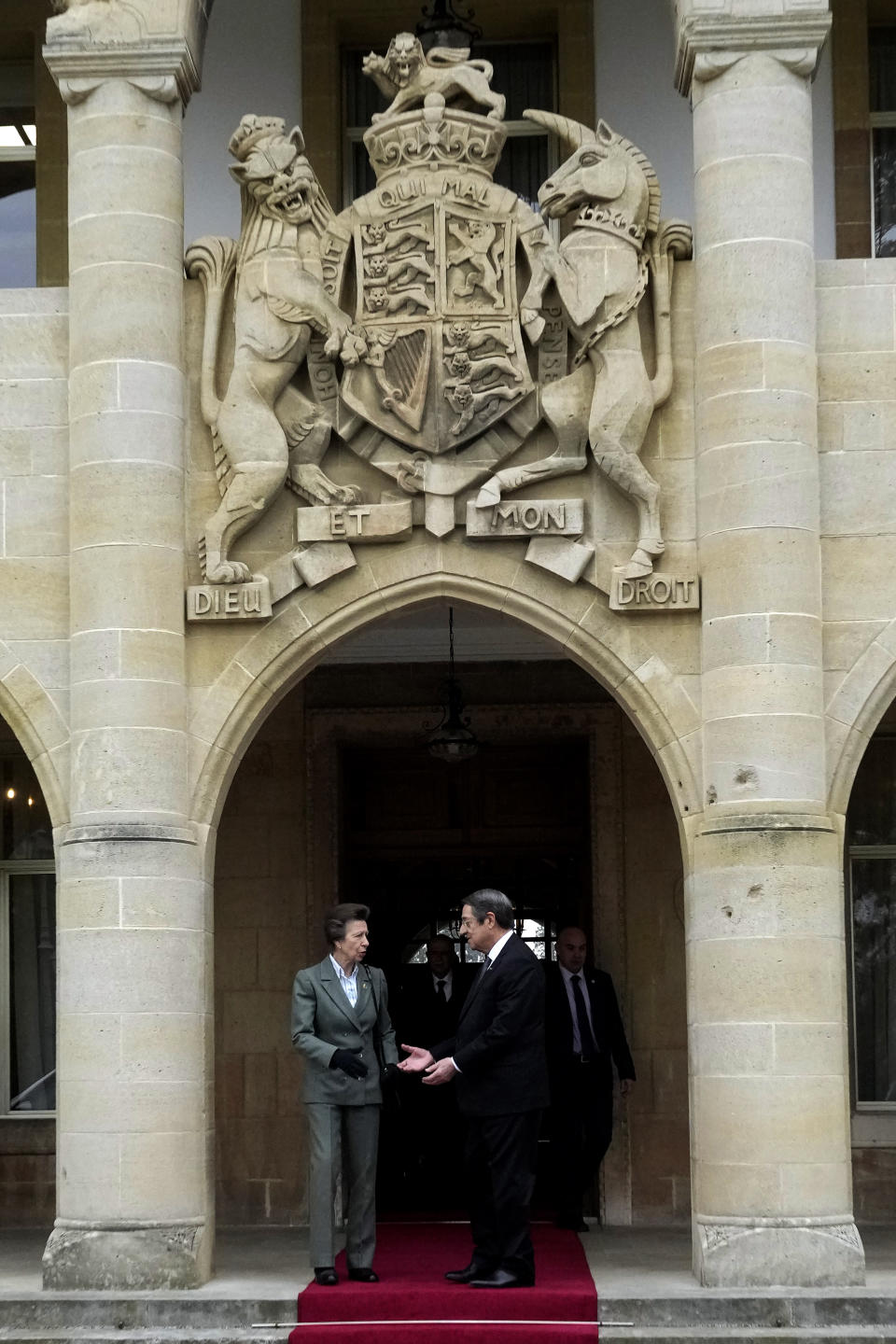 Cyprus' President Nicos Anastasiades and Britain's Princess Anne, left, talk after their meeting at the presidential palace in Nicosia, Cyprus, Wednesday, Jan. 11, 2023. Princess Anne visited British soldiers serving with a United Nations peacekeeping force on ethnically divided Cyprus. (AP Photo/Petros Karadjias)