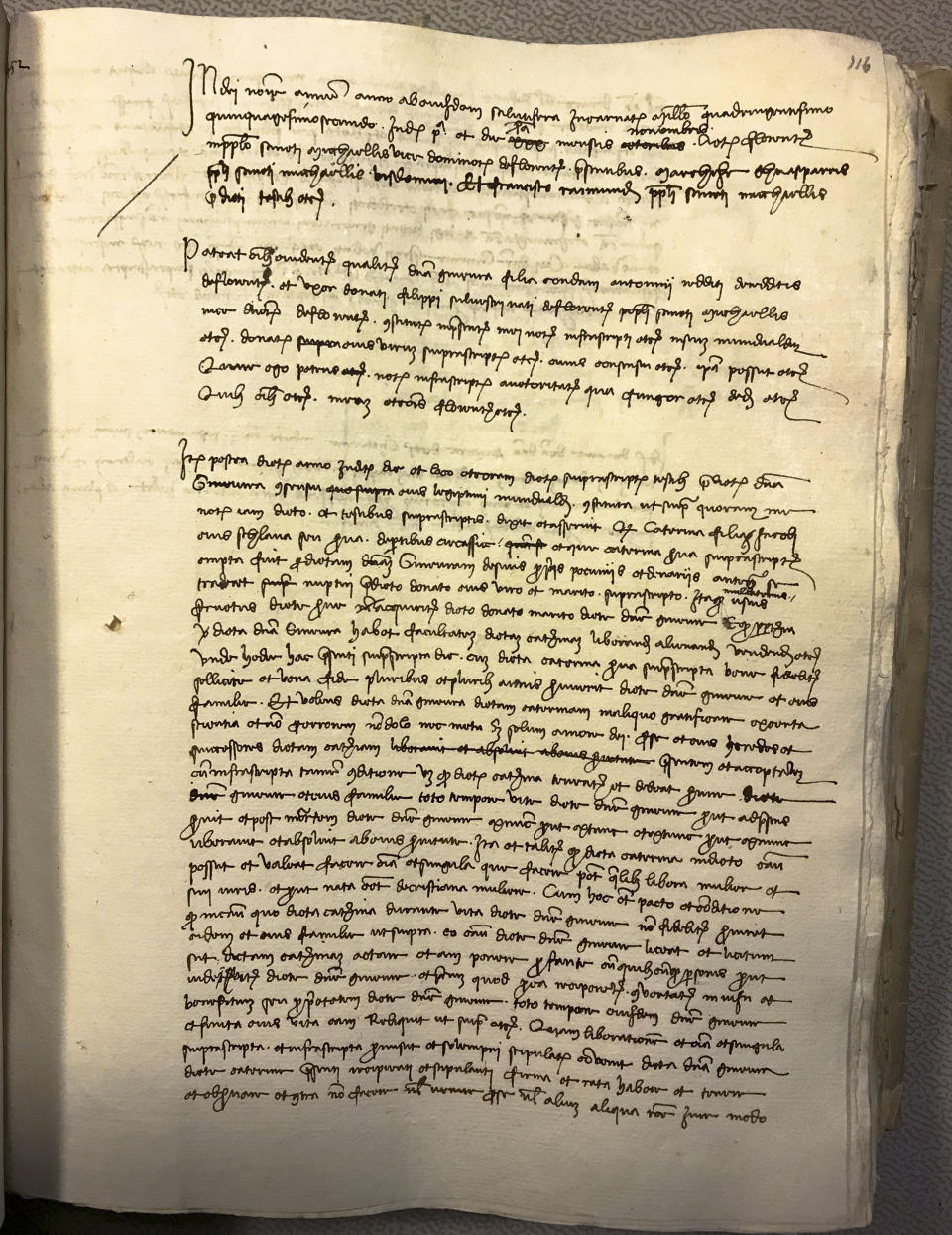 This picture made available on Wednesday, March 15, 2023, by historian Carlo Vecce shows what Vecce says is the original act of liberation of the slave Caterina, who he believes is the mother of Leonardo da Vinci and notarized by Leonardo's father Piero da Vinci. Vecce says he found it in the State Archives in Florence as described in his latest novel 'Caterina's smile'. (Carlo Vecce via AP)