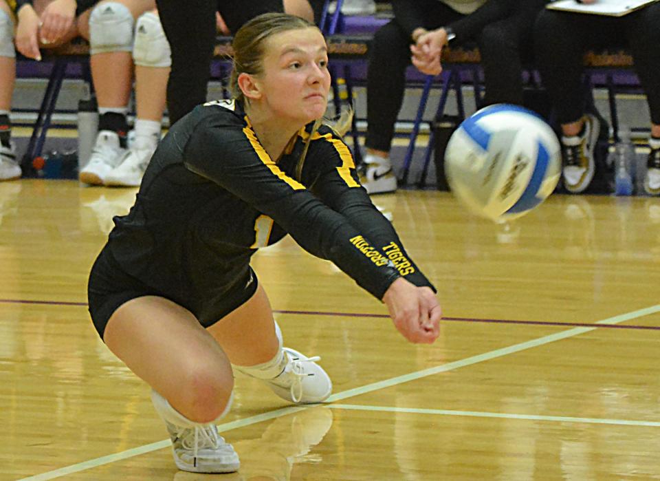 Groton Area's Anna Fjeldheim dives to make a dig during a Class A SoDak 16 state-qualifying volleyball match against Lennox on Tuesday, Nov. 7, 2023 in the Watertown Civic Arena.