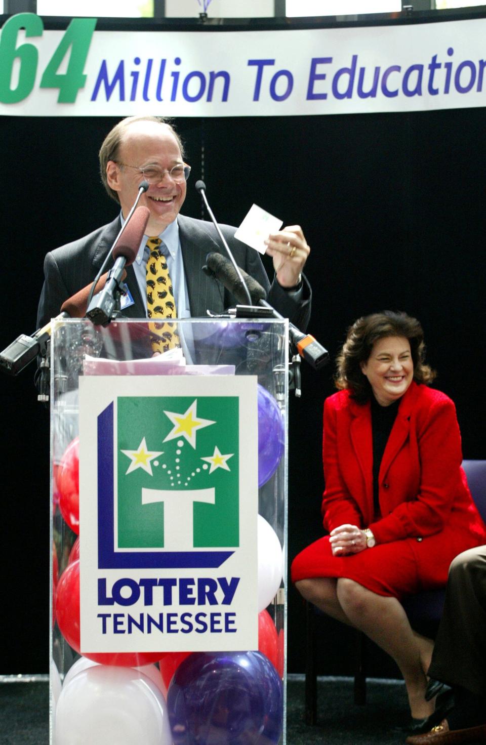 A 2004 picture of then state Sen. Steve Cohen, D-Memphis, holding up his Powerball ticket telling the crowd that he has the winning ticket while Tennessee Lottery CEO and President Rebecca Paul, right, laughs during a Powerball kickoff celebration in Nashville