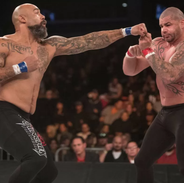 Lavar Johnson (left), pictured throwing a punch at James McSweeney at VBK 1, headlines Ken Shamrock's Valor BK bare-knuckle boxing event against Travis Wiuff at UNF Arena set for October 27, 2023. [Provided by Valor BK]