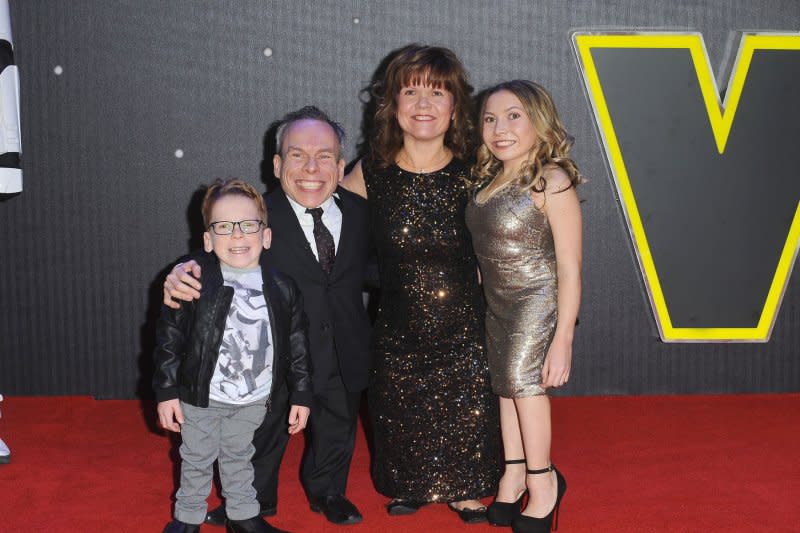 Left to right, Warwick Davis, his wife, Samantha Davis, and their children attend the European premiere of “Star Wars - The Force Awakens” at Empire Leicester Square in London in 2015. The family is mourning the recent death of Samantha. File Photo by Paul Treadway/UPI