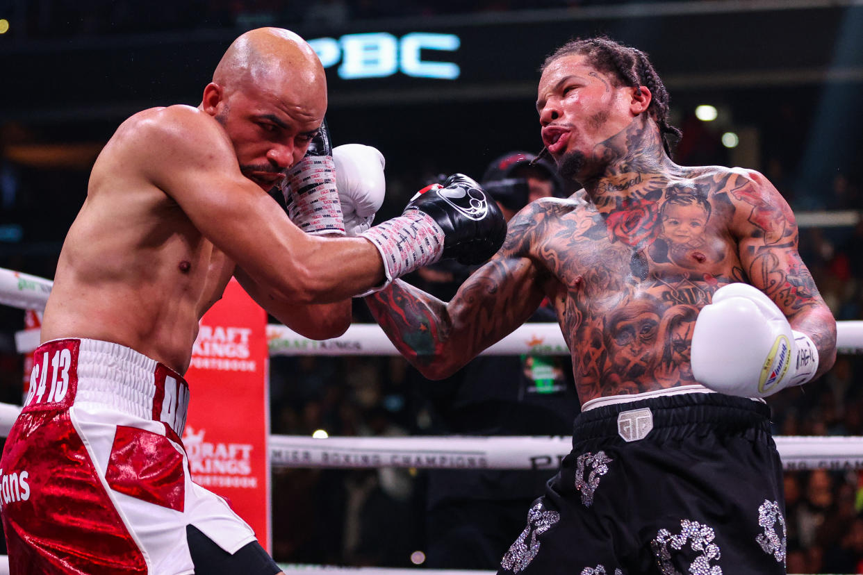 WASHINGTON, DC - JANUARY 07: Gervonta Davis punches Hector Luis Garcia in their WBA World Lightweight Championship bout at Capital One Arena on January 7, 2023 in Washington, DC. (Photo by Patrick Smith/Getty Images)