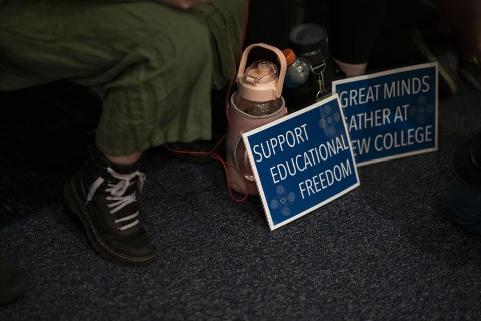 <div class="inline-image__caption"><p>Signs are seen on the campus of New College of Florida in Sarasota, Fla. on Jan. 25, 2023.</p></div> <div class="inline-image__credit">Thomas Simonetti for The Washington Post via Getty Images</div>