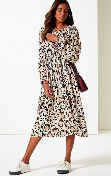 11) Animal print long sleeve tea midi dress