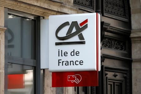 A logo is pictured on a Credit Agricole bank branch in Paris