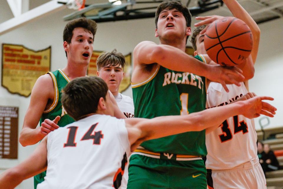 Connotton Valley's Evan Rice, 1, is rejected on a shot attempt by Claymont's Brody Moreland, 14, and Koi Preston, 34, Friday, Dec. 2.