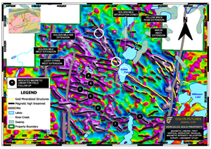 Magnetic lineaments Residual Total Field VD-1. Relationships of lineaments to gold zones.