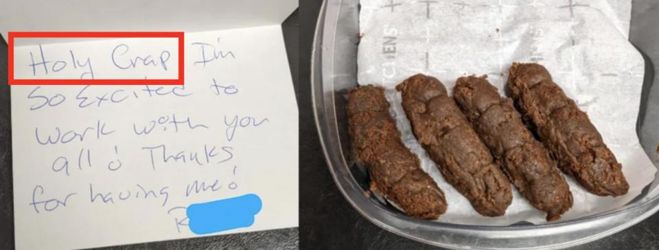Four turd-looking brownies with handwritten note: "Holy crap, I'm so excited to work with you all! Thanks for having me!"