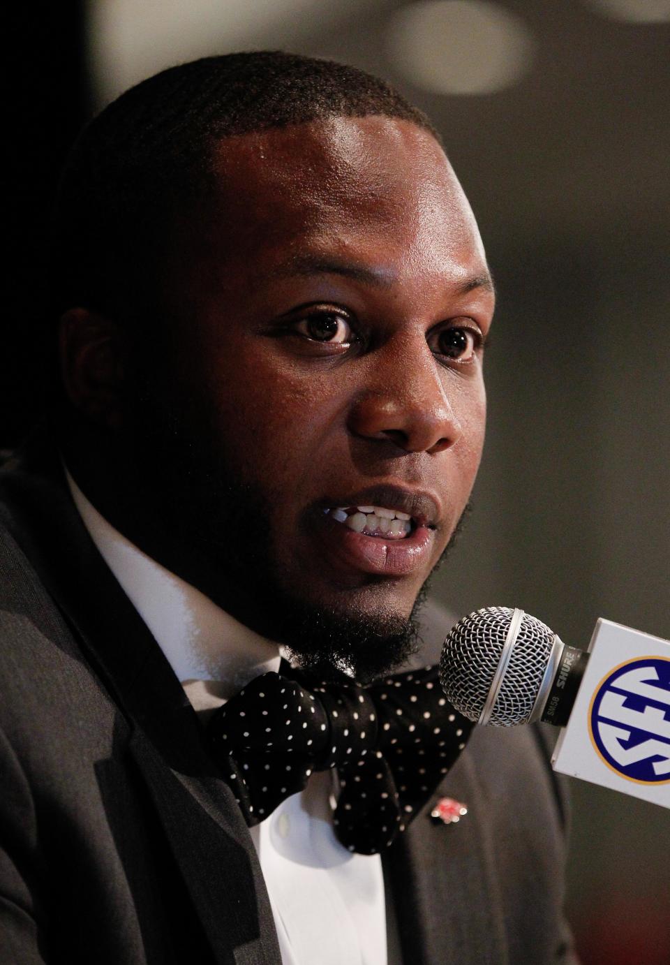 Jul 17, 2013; Hoover, AL, USA; Arkansas Razorbacks fullback Kiero Small talks with the media during the 2013 SEC football media days at the Hyatt Regency. Mandatory Credit: Marvin Gentry-USA TODAY Sports