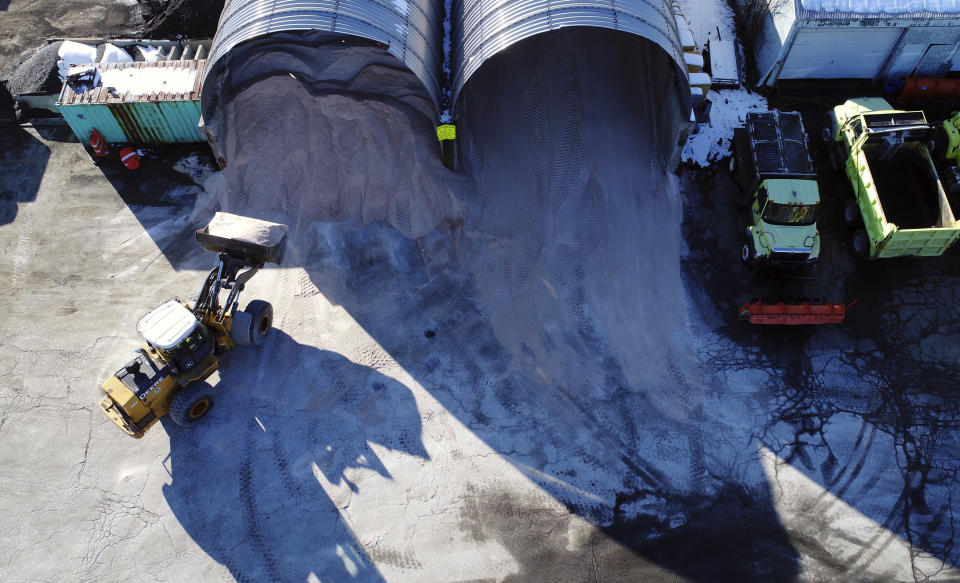 <p>The Pittsfield, Mass., Highway Department fills the salt storage sheds on March 6, 2018. The National Weather Service issued a winter storm warning that stretched from eastern Pennsylvania to most of New England from late Tuesday night into Thursday morning. (Photo: Ben Garver/The Berkshire Eagle via AP) </p>