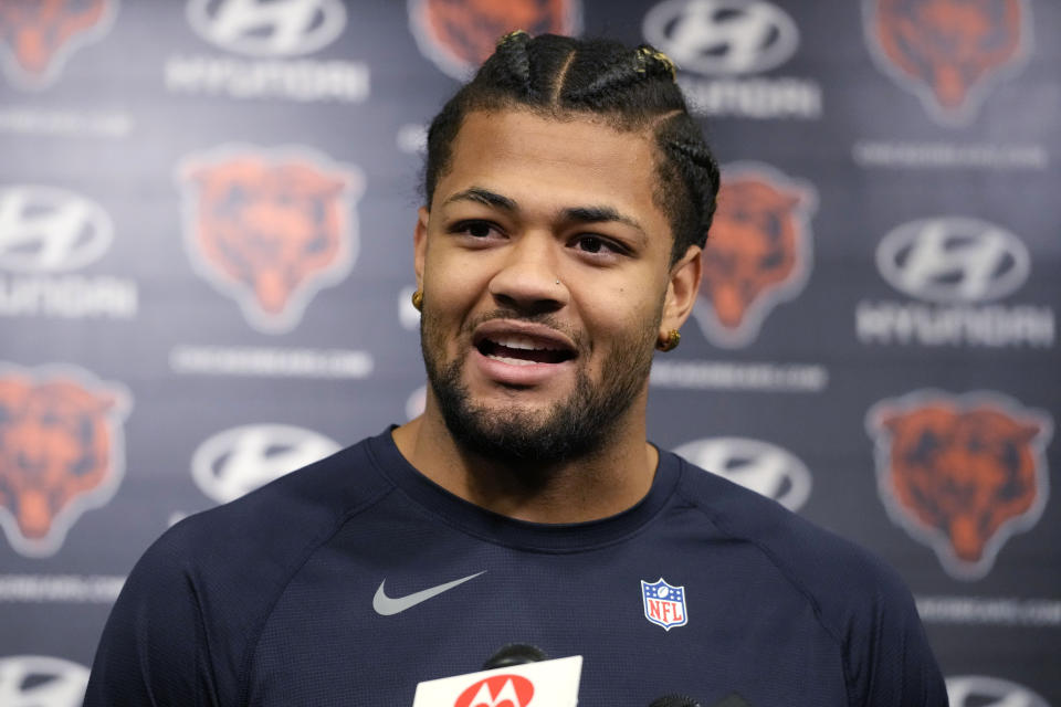 Wide receiver Rome Odunze, selected by the Chicago Bears in the first round of the NFL football draft, speaks during a news conference before the NFL football team's rookie camp at Halas Hall in Lake Forest, Ill., Friday, May 10, 2024. (AP Photo/Nam Y. Huh)