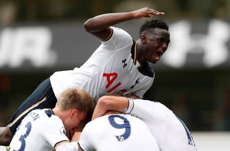 Football Soccer Britain - Tottenham Hotspur v Liverpool - Premier League - White Hart Lane - 27/8/16 Tottenham's Danny Rose celebrates scoring their first goal with Victor Wanyama and team mates Action Images via Reuters / John Sibley Livepic