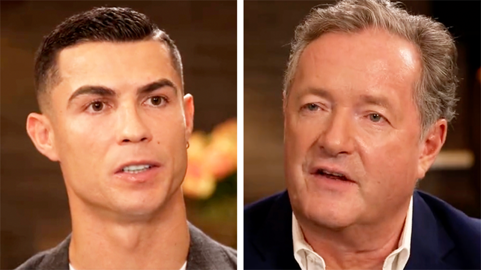 Cristiano Ronaldo (pictured left) unleashed on his manager and his club in a nuclear interview with Piers Morgan. (Images: @PiersMorgan)