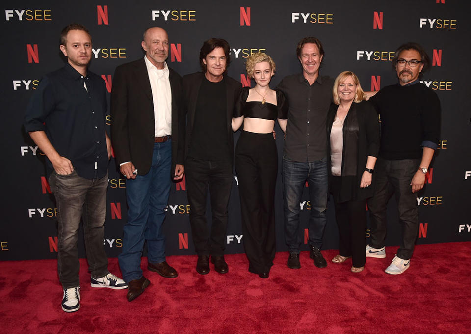 Gabe Hilfer, David Bomba, Jason Bateman, Julia Garner, Chris Mundy, Cindy Mollo and Shawn Kim attend the ‘Ozark: The Final Episodes’ Los Angeles special FYSEE event on June 5. - Credit: Alberto E. Rodriguez/Getty Images