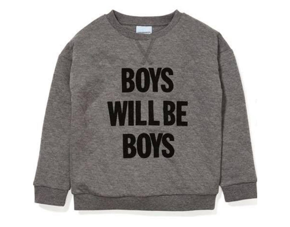 Pyjama king Peter Alexander has pulled a “Boys will be Boys” child’s jumper from stores, following backlash from parents saying the slogan had sexist connotations. Source: ‎Bridie Harris‎ / Facebook