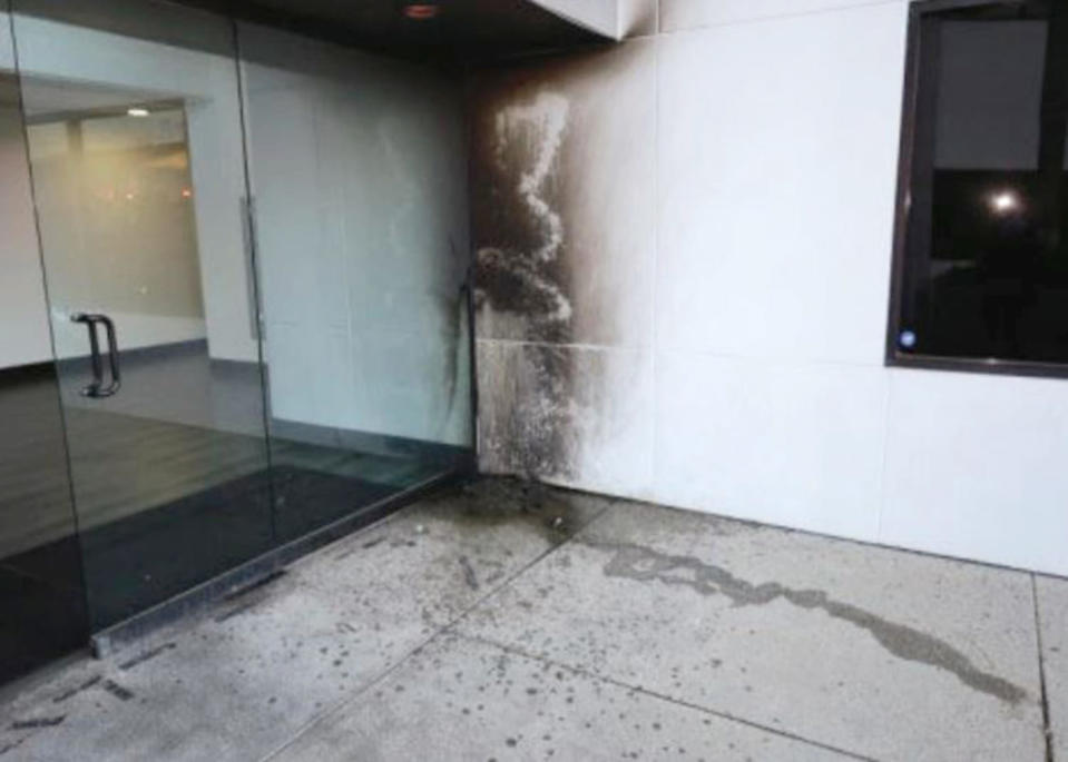 Burn marks on the exterior of the Planned Parenthood clinic in Costa Mesa, Calif., on March 13, 2022. (U.S. District Court for the Central District of Calif.)