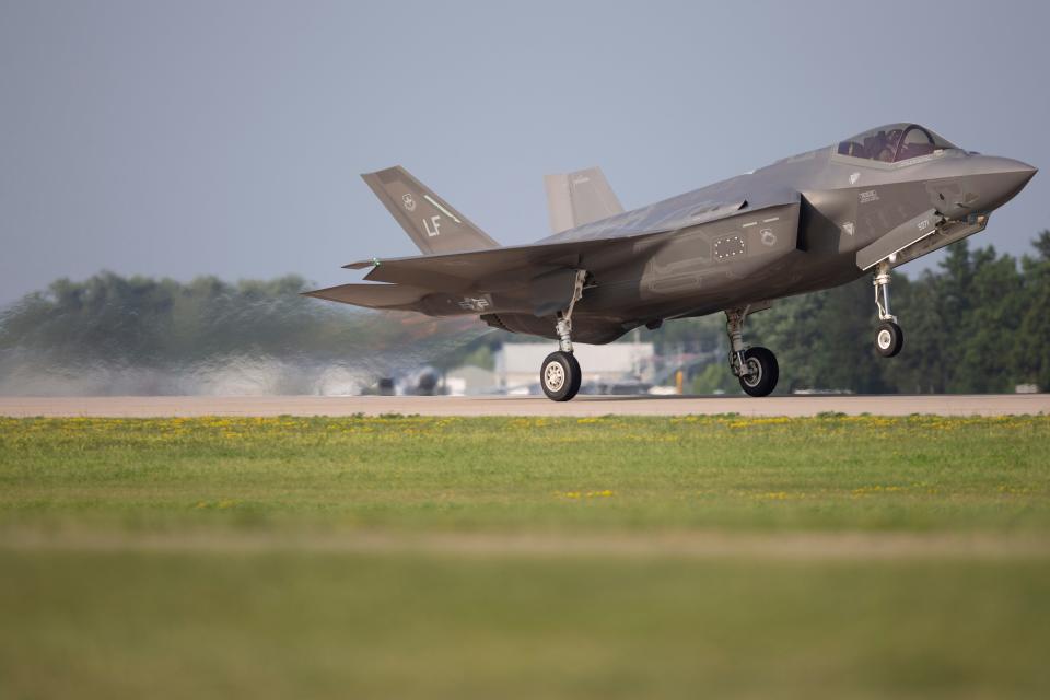 A F-35 Lightning II takes off during the EAA AirVenture show on Thursday, July 25, 2019, at Wittman Regional Airport in Oshkosh, Wis.