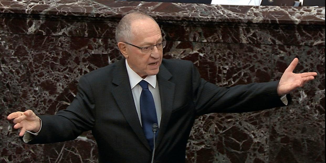 In this image from video, Alan Dershowitz, an attorney for President Donald Trump, speaks during the impeachment trial against Trump in the Senate at the U.S. Capitol in Washington, Monday, Jan. 27, 2020. (Senate Television via AP)