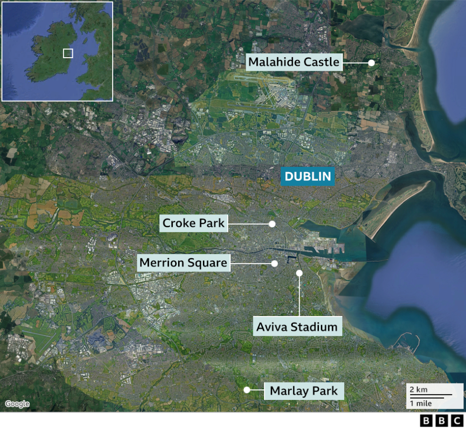 A Google Map screenshot outlining where Malahide Castle, Croke Park, Merrion Square, Aviva Stadium and Marlay Park are in Dublin