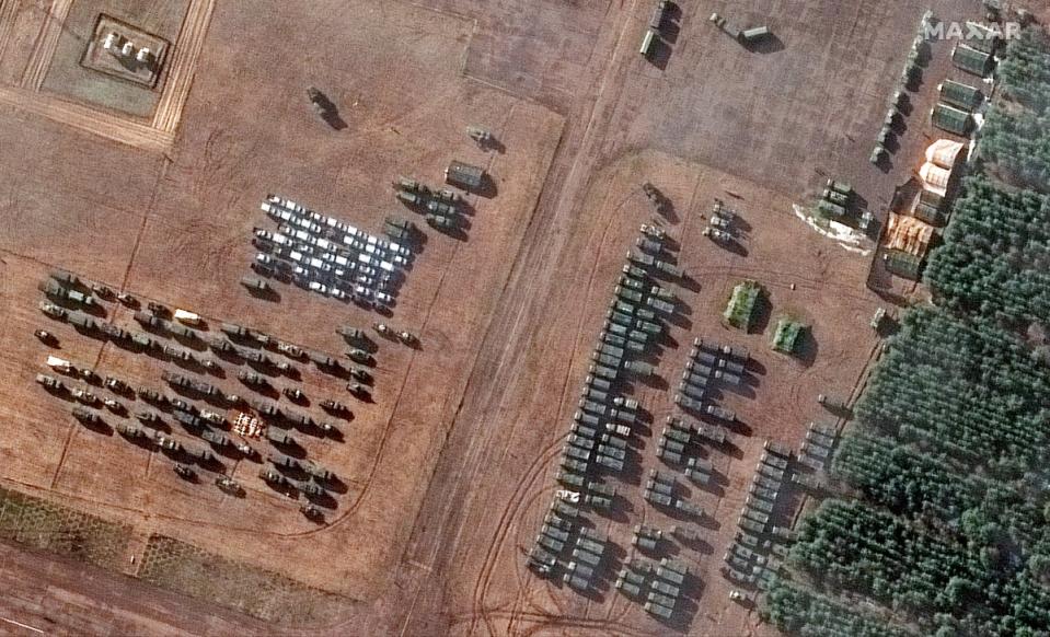 Assembled vehicles at Bokov Airfield near Mazyr, Belarus (AP)