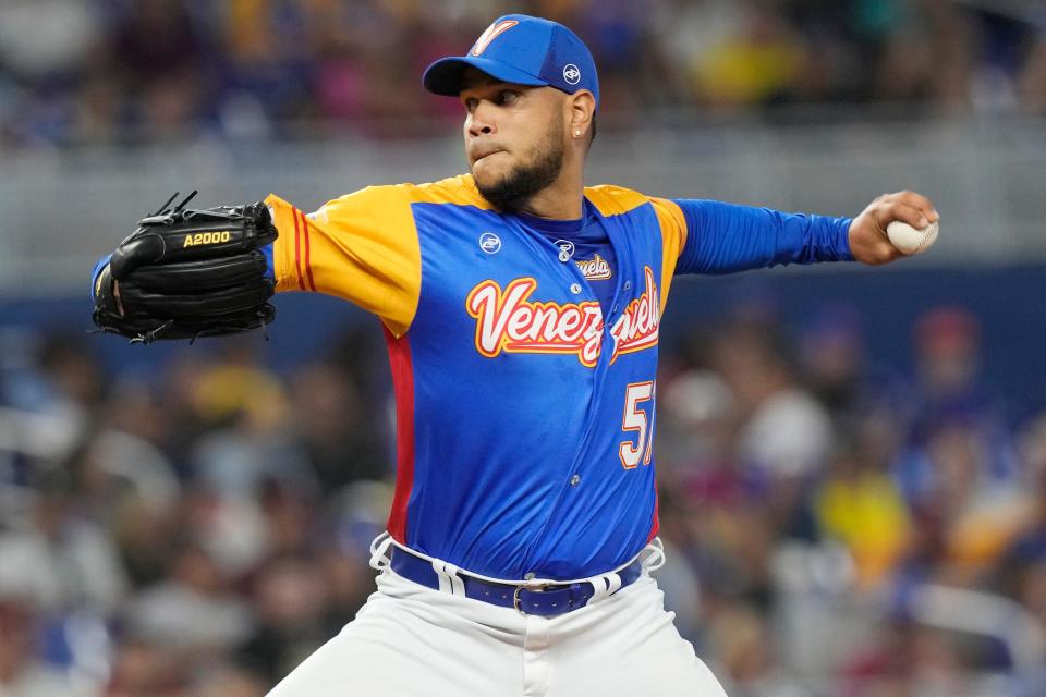 Venezuela pitcher Eduardo Rodriguez aims a pitch during the first round of a World Baseball Classic game against Nicaragua on Tuesday, March 14, 2023, in Miami.