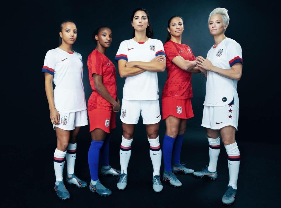 (From left to right) United States women's national team stars Mallory Pugh, Crystal Dunn, Alex Morgan, Carli Lloyd and Megan Rapinoe showcase the new Nike kits that the team will wear during this summer's World Cup in France. (Courtesy of Nike)