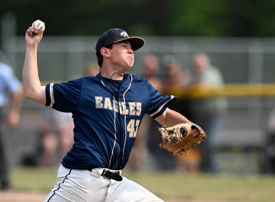 Bald Eagle Area’s Wyatt Coakley pitches during the game against McConnnellsburg in the first round of the PIAA class 2A baseball playoffs on Monday, June 5, 2023.