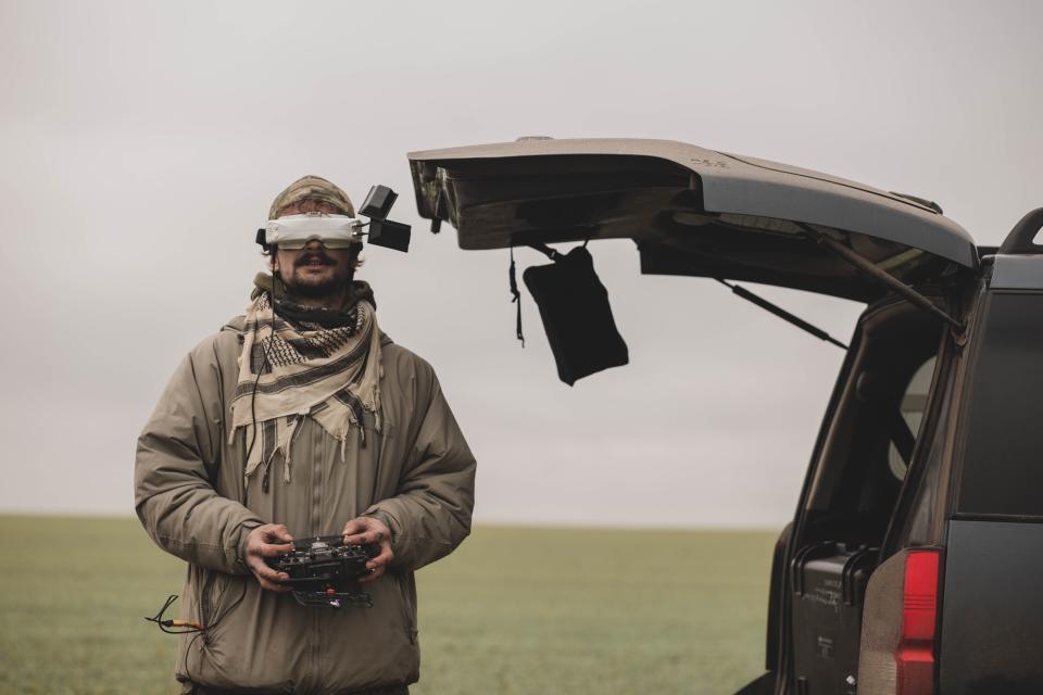 A Ukrainian FPV drone pilot of the 24th Mechanized Brigade trains on Dec. 19, 2023 in the Donetsk region.