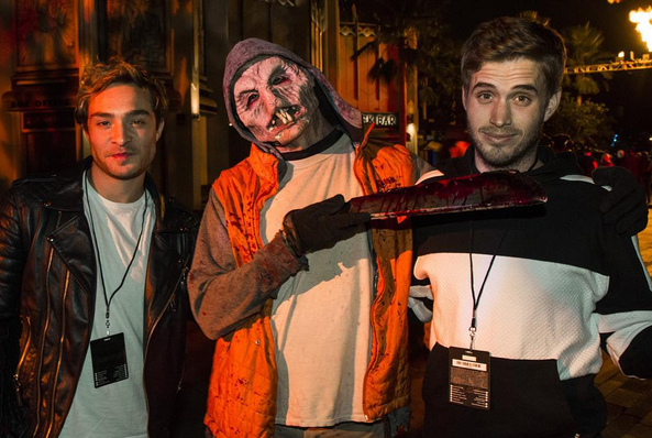 'Wicked City’ star Ed Westwick hung with a friend, musician Brian Logan Dales, who quickly found a foe at Knott’s.  (Courtesy of NBC Universal)