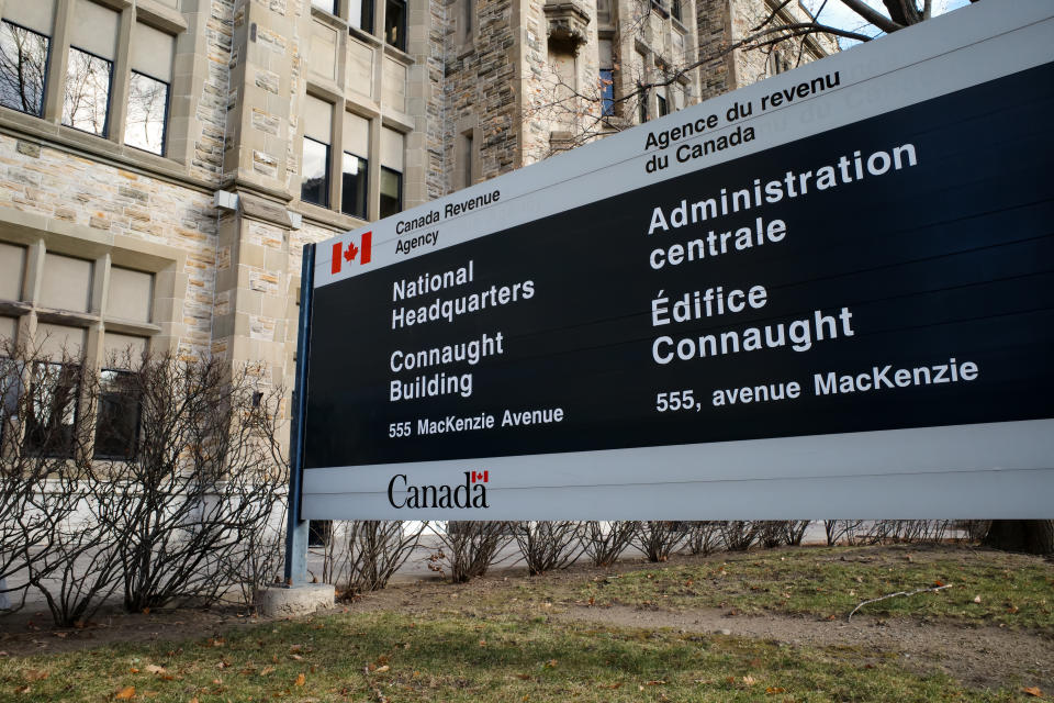 Ottawa, Ontario, Canada - November 18, 2020: A sign for the National Headquarters of the Canada Revenue Agency (CRA) outside the Connaught Building in Ottawa.