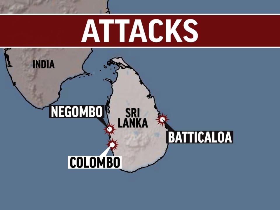 SRI LANKA shaded relief  map, with COLOMBO, NEGOMBO and BATTICALOA locators, with ATTACKS lettering, finished graphic