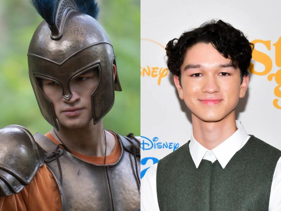 left: luke castellan in armor and a helmet, looking extremely serious; right: charlie bushnell smiling on a red carpet