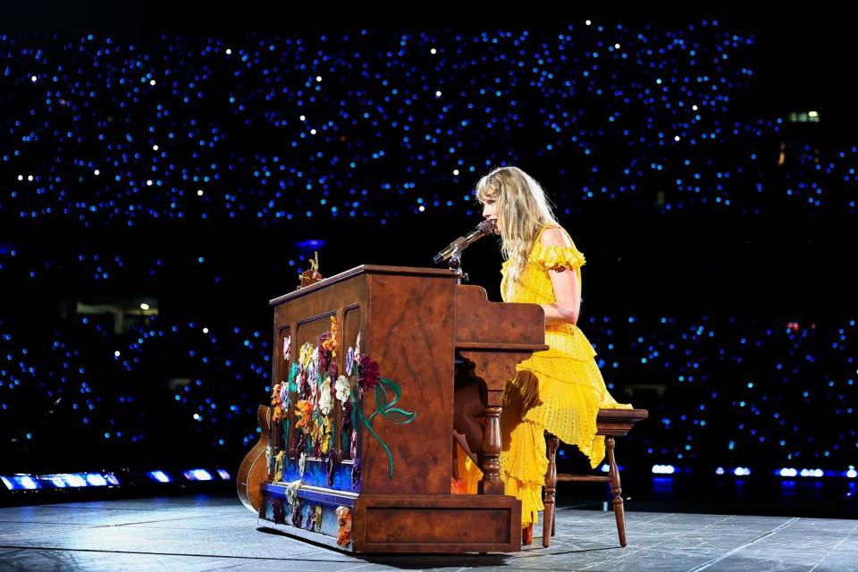 <p>Buda Mendes/TAS23/Getty</p> Taylor Swift performs onstage during "Taylor Swift | The Eras Tour" at Estadio Olimpico Nilton Santos on November 17, 2023