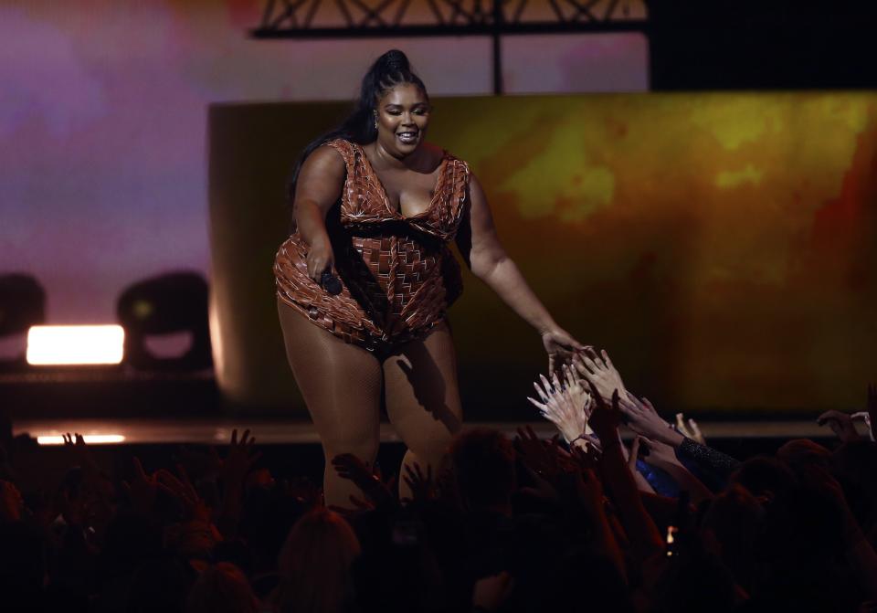 Lizzo performs on stage at the Brit Awards 2020 in London, Tuesday, Feb. 18, 2020. (Photo by Joel C Ryan/Invision/AP)