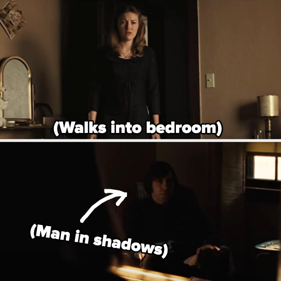 woman walking into the bedroom finding a man sitting in the shadows