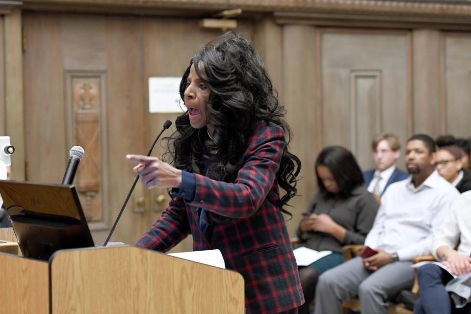 Longtime community activist Dee Williams addresses the Asheville City Council during their meeting at Asheville City Hall on Tuesday, March 13, 2018. It was the first regular meeting of the council since the publishing of a video that showed a white Asheville police officer beating of Johnnie Rush, who was stopped for jaywalking.